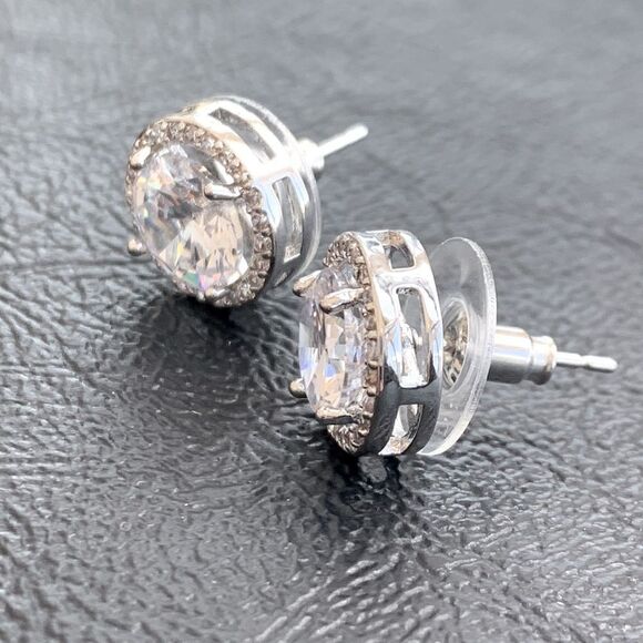 Men’s Cubic Zirconia Silver Tone Round Hip Hop Iced Out CZ Stud Earring Pair NEW - Picture 5 of 9